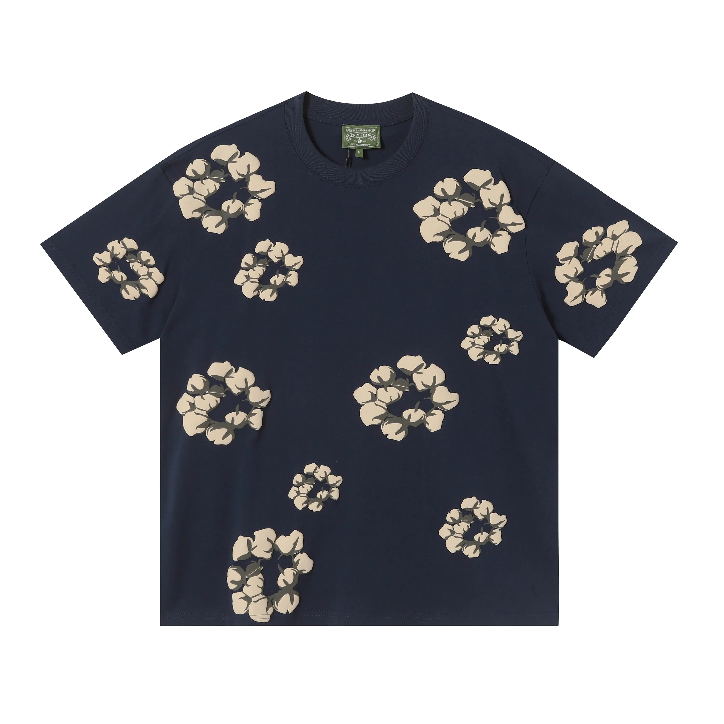 8201# 8 color set DENIM TEARS Kapok European and American fashion brand high quality foam flocking printed short sleeves Color Black Yellow Green Yellow Gray Royal Blue Pink Peacock Blue Size S-XL